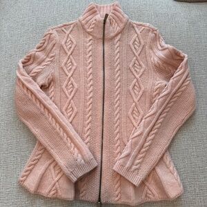 LAUREN RALPH LAUREN Women’s Pale Pink Cable Knit 100% Lambs Wool Zip Cardigan S